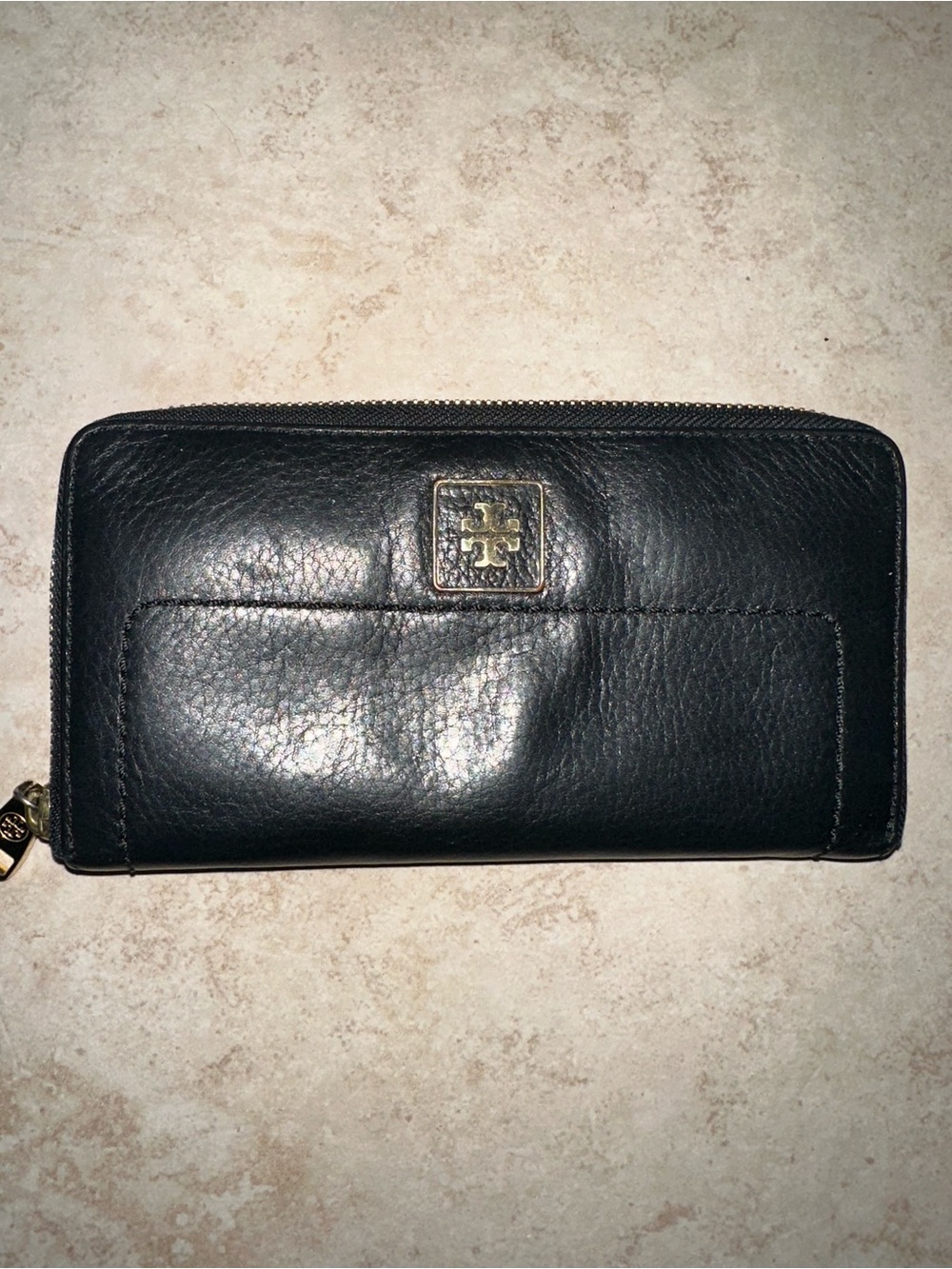 Tory Burch Black Leather Zip Around Wallet Continental Wallet Gold Logo